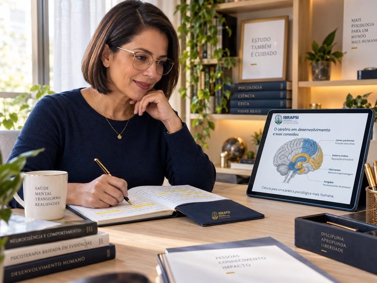 Psicóloga estudando, com livros de psicologia e neurociência sobre a mesa
